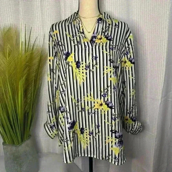 Chico’s Size 2 L NWT Women’s Floral Stripe V Neck Pullover Long Sleeve Tunic - Picture 1 of 11